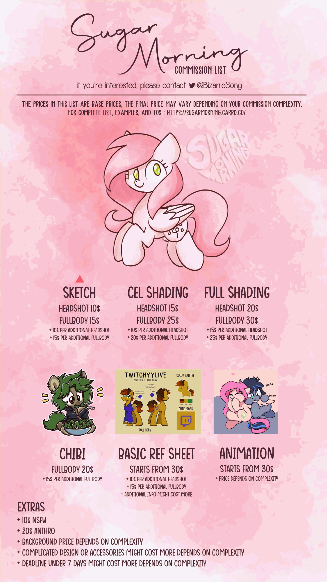 Size: 1125x2000 | Tagged: safe, artist:sugar morning, oc, oc only, oc:ame, oc:midnight aegis, oc:peach hack, oc:sugar morning, oc:twitchyylive, species:bat pony, species:earth pony, species:pegasus, species:pony, g4, :3, :t, advertisement, animated, behaving like a cat, biting, biting wing, blushing, chibi, clothing, commission, commission info, commission list, commission price list, commission prices, couple, cute, cute little fangs, cutie mark, ear piercing, earring, eating, fangs, female, floppy ears, food, frame by frame, gif, grooming, heart, herbivore, heterochromia, hoof hold, hoofy-kicks, horses doing horse things, jacket, jewelry, lettuce, male, mare, nom, oc x oc, ocbetes, onomatopoeia, piercing, pink background, preening, reference sheet, salad, shipping, shirt, side, simple background, sitting, solo, spread wings, stallion, straight, text, weapons-grade cute, wings