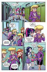 Size: 1988x3056 | Tagged: safe, artist:pencils, edit, editor:michaelsety, idw, character:applejack, character:fluttershy, character:ms. harshwhinny, character:pinkie pie, character:rainbow dash, character:rarity, character:sunset shimmer, character:twilight sparkle, character:twilight sparkle (scitwi), species:eqg human, g4, my little pony:equestria girls, color edit, colored, human coloration, humane five, humane seven, humane six, page