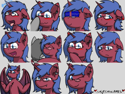 Size: 1024x768 | Tagged: safe, artist:skydreams, oc, oc only, oc:sparky showers, species:alicorn, species:bat pony, species:pony, g4, ahegao, bat pony alicorn, bat wings, blue screen of death, blushing, blushing ears, boop, commission, crying, ear piercing, earring, embarrassed, emoji, emotes, excited, fangs, gasp, generic pony, glasses, horn, hug, industrial piercing, jewelry, oh my, one eye closed, open mouth, pierced ears, piercing, sad, shrug, smiling, smirk, teary eyes, tongue out, wings, wink