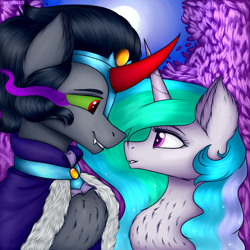 Size: 3000x3000 | Tagged: safe, artist:darklight1315, idw, character:good king sombra, character:king sombra, character:princess celestia, species:alicorn, species:pony, species:unicorn, ship:celestibra, g4, chest fluff, colored horn, curved horn, eye contact, female, former good king sombra, horn, looking at each other, male, moon, shipping, sombra eyes, sombra horn, sombra's cape, straight