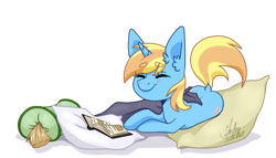 Size: 4850x2775 | Tagged: safe, artist:dar_onegin, oc, oc only, oc:skydreams, species:pony, species:unicorn, g4, blanket, blushing, book, commission, cushion, eyebrows, eyebrows visible through hair, eyes closed, female, mare, pillow, raised tail, smiling, solo, tail, ych result