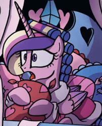 Size: 812x1005 | Tagged: safe, idw, character:princess cadance, species:alicorn, species:pony, g4, bed, clothing, comic, cushion, folded wings, hair curlers, heart, robe, solo, wings
