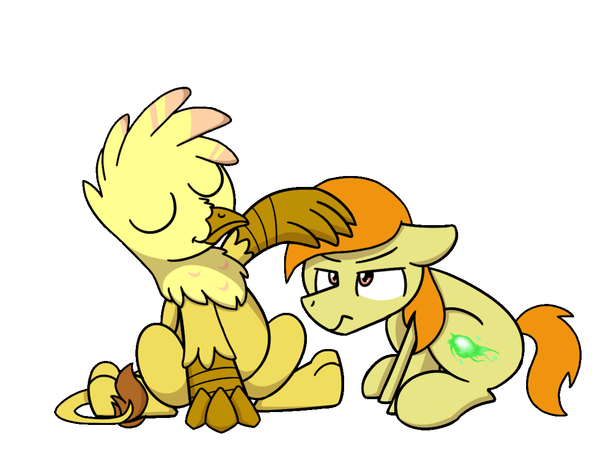Size: 1200x960 | Tagged: safe, artist:sugar morning, oc, oc only, oc:beamshot, oc:golden plume, species:griffon, species:pony, g4, animated, gif, head pat, pat, patting, simple background, transparent background, unamused