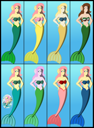 Size: 3500x4792 | Tagged: safe, artist:physicrodrigo, idw, character:fluttershy, series:equestria mermaids, g4, my little pony:equestria girls, absurd resolution, alternate versions, aryan, belly button, blonde hair, blue eyes, blushing, bra, brown eyes, brown hair, color theory, dreamworks face, ear fins, flag bikini, grin, hands on hip, human coloration, looking at you, mermaid, mermaidized, mexican, mexico, pink hair, pink skin, pony coloring, raised eyebrow, recolor, reference, seashell bra, smiling, species swap, underwater