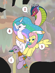 Size: 1371x1827 | Tagged: safe, artist:jacalope, editor:proto29, idw, character:baast, character:cosmos, character:fluttershy, character:princess celestia, species:alicorn, species:draconequus, species:pegasus, species:pony, g4, cat, colored, discord's house, implied baastcord, implied coscord, implied discoshy, implied dislestia, implied shipping, implied straight, silhouette