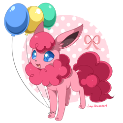 Size: 700x700 | Tagged: safe, artist:jiayi, character:pinkie pie, balloon, crossover, eevee, eeveelution, female, pokefied, pokémon, simple background, solo, species swap, transparent background