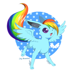 Size: 750x750 | Tagged: safe, artist:jiayi, character:rainbow dash, oc, oc:rainbow eevee, abstract background, crossover, eevee, eeveelution, pokefied, pokémon, solo, spread wings, wings
