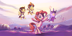 Size: 1400x700 | Tagged: safe, artist:karzahnii, character:pinkie pie, character:pound cake, character:pumpkin cake, character:twilight sparkle, species:pony, balloon, balloonicorn, bipedal, meet the pyro, parody, team fortress 2