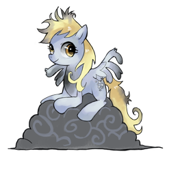 Size: 1114x1127 | Tagged: dead source, safe, artist:suikuzu, character:derpy hooves, species:pegasus, species:pony, episode:the last roundup, g4, my little pony: friendship is magic, adobe imageready, cloud, cute, derpabetes, female, injured, mare, messy mane, prone, simple background, smiling, solo, transparent background