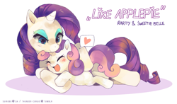 Size: 1421x836 | Tagged: dead source, safe, artist:suikuzu, character:rarity, character:sweetie belle, species:pony, species:unicorn, g4, adobe imageready, cuddling, cute, diasweetes, eyes closed, female, filly, happy, heart, mare, prone, simple background, sisters, snuggling