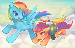 Size: 1686x1078 | Tagged: dead source, safe, artist:suikuzu, character:rainbow dash, character:scootaloo, species:pegasus, species:pony, g4, adobe imageready, female, filly, flying, helicopter, mare, scootaloo can fly, scootaloo can't fly, sky, tortoise shell