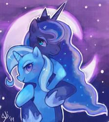 Size: 1064x1194 | Tagged: dead source, safe, artist:suikuzu, character:princess luna, character:trixie, species:alicorn, species:pony, species:unicorn, ship:luxie, g4, adobe imageready, blushing, female, hug, lesbian, mare, moon, night, shipping, smiling, stars