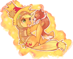 Size: 1522x1247 | Tagged: dead source, safe, artist:suikuzu, character:applejack, character:winona, species:earth pony, species:pony, g4, adobe imageready, costume, cute, female, holding, mare, open mouth, scarecrow, simple background, transparent background