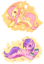 Size: 1238x1786 | Tagged: dead source, safe, artist:suikuzu, character:amethyst star, character:fluttershy, character:sparkler, species:pegasus, species:pony, species:unicorn, g4, adobe imageready, female, jar, licking, mare, peanut butter, simple background, sultry pose, transparent background
