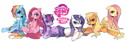 Size: 3676x1247 | Tagged: dead source, safe, artist:suikuzu, character:applejack, character:fluttershy, character:pinkie pie, character:rainbow dash, character:rarity, character:twilight sparkle, character:twilight sparkle (unicorn), species:earth pony, species:pegasus, species:pony, species:unicorn, adobe imageready, applejack's hat, bedroom eyes, blonde, blue eyes, clothing, cowboy hat, female, green eyes, hat, hatless, logo, logo parody, lying down, mane six, mare, missing accessory, my little pony logo, pink mane, purple eyes, purple mane, simple background, sultry pose, tongue out, transparent background, wallpaper, wet, wet mane, wet mane rarity, yellow mane