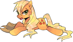 Size: 1428x837 | Tagged: dead source, safe, artist:suikuzu, character:applejack, species:earth pony, species:pony, adobe imageready, applejack's hat, clothing, cowboy hat, female, green eyes, hat, loose hair, mare, prone, simple background, solo, tongue out, transparent background, wet mane, yellow mane