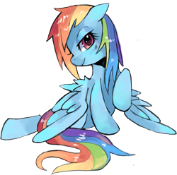 Size: 1045x1038 | Tagged: dead source, safe, artist:suikuzu, character:rainbow dash, species:pegasus, species:pony, g4, adobe imageready, bedroom eyes, cute, dashabetes, female, floppy ears, looking at you, mare, prone, raised hoof, simple background, smiling, solo, spread wings, sultry pose, transparent background, wet mane, wings, wings down