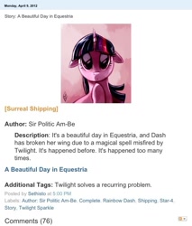 Size: 640x751 | Tagged: safe, artist:whitediamonds, screencap, character:twilight sparkle, equestria daily, fanfic, meta, solo, text