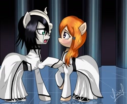 Size: 1447x1180 | Tagged: safe, artist:zorbitas, bleach (manga), crossover shipping, inoue orihime, ponified, ulquiorra cifer