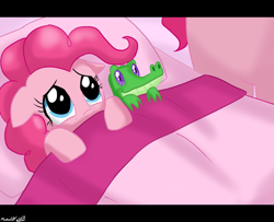 Size: 900x731 | Tagged: safe, artist:ninja-8004, character:gummy, character:pinkie pie, bed, blanket, cute, diapinkes, duo, female, filly, filly pinkie pie, floppy ears, granny pie, younger