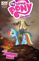 Size: 476x733 | Tagged: safe, artist:tonyfleecs, idw, official, official comic, character:rainbow dash, character:tank, species:bird, species:pegasus, species:pony, armor, comic, cover, death dealer, flag, frank frazetta, frown, glare, helmet, looking at you, micro-series, riding, shield, turtle