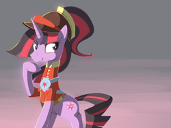 Size: 1536x1152 | Tagged: safe, artist:karzahnii, character:twilight sparkle, clothing, hat, smiling, uniform