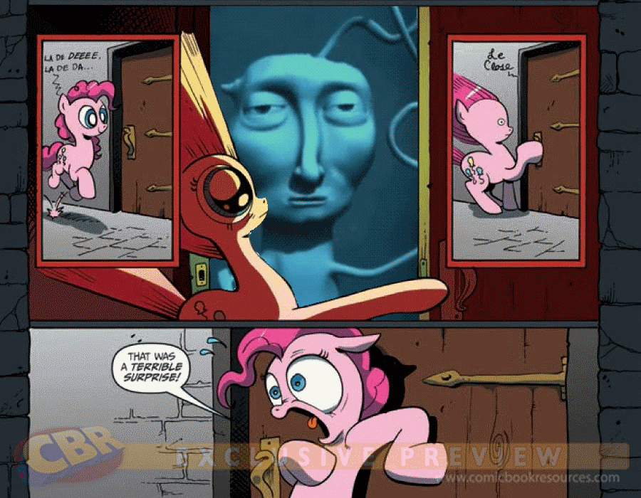 Size: 900x700 | Tagged: safe, edit, idw, character:pinkie pie, animated, courage the cowardly dog, exploitable meme, meme, obligatory pony, surprise door, you're not perfect