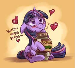 Size: 581x524 | Tagged: safe, artist:whitediamonds, character:twilight sparkle, species:pony, species:unicorn, blushing, cute, female, food, heart, jar, mare, pickle, pickle jar, smiling, solo, twiabetes