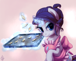 Size: 2500x2000 | Tagged: safe, artist:whitediamonds, character:rarity, species:pony, species:unicorn, alternate hairstyle, apron, baking, bedroom eyes, clothing, cookie, cute, female, food, high res, looking at you, magic, mare, raribetes, smiling, solo