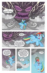 Size: 800x1230 | Tagged: safe, idw, official, official comic, character:rainbow dash, species:pegasus, species:pony, blade runner, cloud, cloud gremlins, female, floppy ears, goggles, hooves, idw advertisement, lightning, mare, micro-series, on a cloud, open mouth, preview, runt the cloud gremlin, spread wings, standing on a cloud, stormcloud, teeth, wings