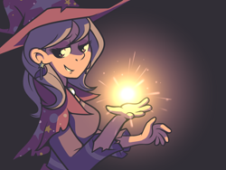 Size: 1024x768 | Tagged: safe, artist:karzahnii, character:trixie, species:human, cape, clothing, female, glow, hat, humanized, magic, solo, trixie's cape, trixie's hat
