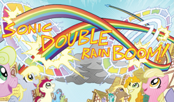 Size: 975x571 | Tagged: safe, idw, official, character:carrot top, character:daisy, character:derpy hooves, character:golden harvest, character:rainbow dash, species:pegasus, species:pony, g4, my little pony: friendship is magic, comic, double rainboom, female, mare, micro-series, sonic rainboom
