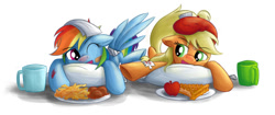Size: 900x378 | Tagged: dead source, safe, artist:xioade, character:applejack, character:rainbow dash, species:earth pony, species:pegasus, species:pony, apple, apple pie, bandaid, drink, duo, duo female, female, food, french fries, injured, pie, sick
