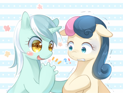 Size: 660x499 | Tagged: safe, artist:tsurukinoki, character:bon bon, character:lyra heartstrings, character:sweetie drops, blushing, bon bon is not amused, do not want, fingers, floppy ears, hand, happy, hoof fingers, scared, trembling, varying degrees of amusement, varying degrees of want