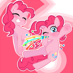 Size: 595x595 | Tagged: safe, artist:aruurara, artist:momo, character:pinkie pie, 6, blushing, cute, diapinkes, eyes closed, grin, hoof hold, looking at you, party horn, self ponidox, smiling, waving, wink