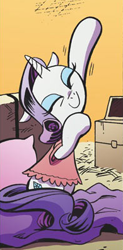 Size: 195x395 | Tagged: safe, artist:katiecandraw, idw, character:rarity, clothing, morning ponies, nightgown, solo, stretching
