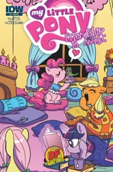 Size: 627x951 | Tagged: safe, artist:amy mebberson, idw, official, character:applejack, character:fluttershy, character:gummy, character:pinkie pie, character:rainbow dash, character:rarity, character:twilight sparkle, book, clean, comic, cover, kissing, mane six, slumber party, yawn