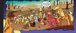 Size: 1085x472 | Tagged: safe, idw, official comic, character:apple bloom, character:apple brown betty, character:apple bumpkin, character:apple cider, character:apple cinnamon, character:apple dumpling, character:apple fritter, character:applejack, character:big mcintosh, character:bushel, character:candy apples, character:gala appleby, character:granny smith, character:hoss, character:pink lady, character:red delicious, character:winona, species:earth pony, species:pony, apple cider (drink), apple family member, background pony, female, filly, male, mare, nightmare, stallion