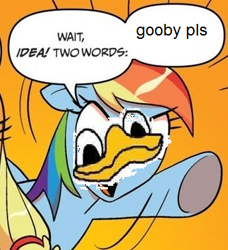 Size: 334x366 | Tagged: safe, idw, character:rainbow dash, 1000 hours in ms paint, dolan, exploitable meme, gooby pls, meme, ms paint, two words meme