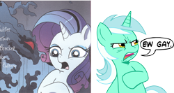 Size: 2004x1066 | Tagged: safe, artist:megasweet, idw, character:lyra heartstrings, character:rarity, comparison, ew gay, meme