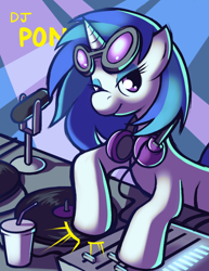 Size: 680x880 | Tagged: safe, artist:karzahnii, character:dj pon-3, character:vinyl scratch, species:pony, species:unicorn, g4, drink, eyeshadow, female, headphones, looking at you, makeup, mare, microphone, mixing console, solo, turntable