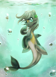 Size: 800x1100 | Tagged: safe, artist:jiayi, oc, oc only, dorsal fin, hair accessory, merpony, one eye closed, underwater, wink