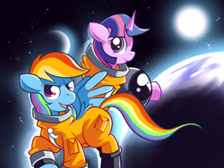 Size: 1520x1140 | Tagged: safe, artist:karzahnii, character:rainbow dash, character:twilight sparkle, character:twilight sparkle (unicorn), species:pegasus, species:pony, species:unicorn, g4, astrodash, astronaut, clothing, female, mare, photoshop, science fiction, space, space suit, stars