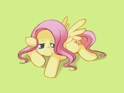 Size: 921x691 | Tagged: safe, artist:karzahnii, character:fluttershy, species:pegasus, species:pony, g4, crying, female, floppy ears, looking at you, lying down, mare, prone, sad, simple background, solo, spread wings, tear streaks, wings