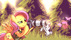 Size: 1920x1080 | Tagged: safe, artist:karzahnii, character:angel bunny, character:fluttershy, species:pegasus, species:pony, species:rabbit, aiming, animal, bipedal, butterfly, camera, clothing, crepuscular rays, duo, fanon, featured on derpibooru, female, frown, grass, hoof hold, lanyard, looking at you, mare, outdoors, photographer, raised eyebrow, spread wings, tall grass, tree, unamused, vest, wallpaper, wings