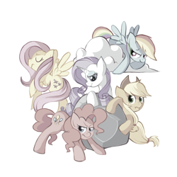Size: 1280x1280 | Tagged: safe, artist:karzahnii, character:applejack, character:fluttershy, character:pinkie pie, character:rainbow dash, character:rarity, character:tom, species:earth pony, species:pegasus, species:pony, species:unicorn, discorded, female, flutterbitch, greedity, liarjack, mare, meanie pie, rainbow ditch, simple background, white background
