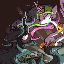Size: 1024x1024 | Tagged: safe, artist:karzahnii, character:princess celestia, character:queen chrysalis, species:alicorn, species:changeling, species:pony, angry, changeling queen, duo, female, glare, glowing horn, looking at each other, mare, pixel art