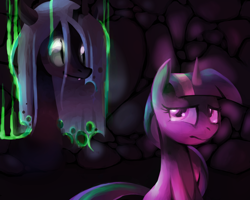 Size: 1280x1024 | Tagged: safe, artist:karzahnii, character:queen chrysalis, character:twilight sparkle, species:changeling, changeling queen, crying, female, scared