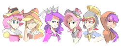 Size: 1500x600 | Tagged: safe, artist:karzahnii, character:applejack, character:clover the clever, character:fluttershy, character:pinkie pie, character:rainbow dash, character:rarity, character:twilight sparkle, species:human, g4, chancellor puddinghead, clothing, commander hurricane, crown, female, founders of equestria, hat, helmet, hood, humanized, jewelry, line-up, mane six, princess platinum, private pansy, regalia, ruff (clothing), simple background, smart cookie, white background