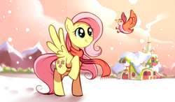 Size: 1024x600 | Tagged: safe, artist:karzahnii, character:fluttershy, species:bird, species:pegasus, species:pony, g4, 12 days of christmas, clothing, female, fluttershy's cottage, mare, mountain, raised hoof, scarf, snow, snowfall, solo, twelve days of christmas, winter